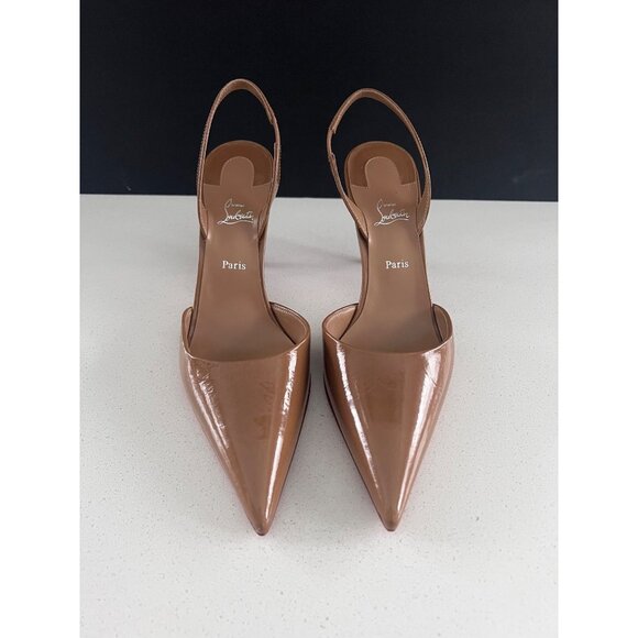 CHRISTIAN LOUBOUTIN Apostropha 80mm Slingback beige patent leather heels sz 37.5 - Picture 3 of 10